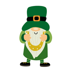 St. Patrick's Day funny gnome with horseshoe for good luck. Cartoon  vector illustration isolated on white. Great for greeting cards, pub invitations, posters, t-shirts design. Male character.