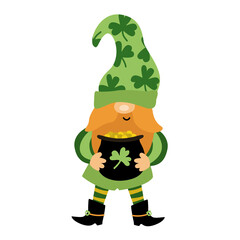 St. Patrick's Day funny gnome with pot of gold coins. Cartoon  vector illustration isolated on white. Great for greeting cards, pub invitations, posters, t-shirts design. Male character.