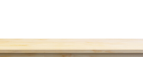 Empty wooden table top isolated on white background for product display montage