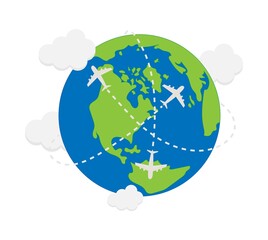 Airplane flying around the world. Flight around the earth. Air travel and tourism icon. The route of the aircraft. Point on the map, globe. Illustration on a bnl background. Vector