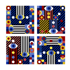 Eye business template with yellow bauhaus pattern on red and blue background for decorative design. Vector graphic contemporary seamless colorful geometric print.