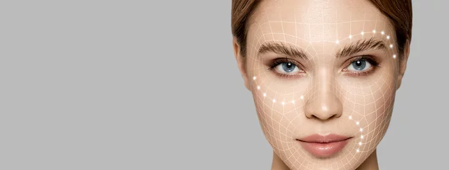 Poster Lifting lines, advertising of face contour correction, female face skin lifting. Facial rejuvenation concept, cosmetology © Peakstock