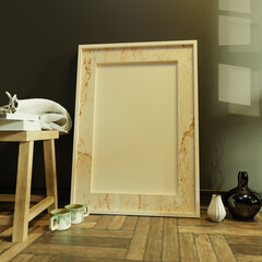 Portrait photo frame mockup in wall old style in living room