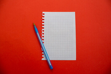 Blank paper and pen isolated on red background. Top view, flat lay.