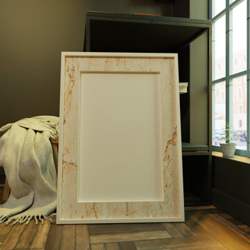 Interior photo frame on the floor decoration side windows mockup for family gallery