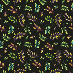 Bright leaves, watercolor pattern on a dark background