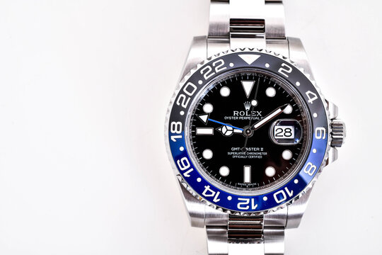 Bangkok Thailand- Feb 20,2022 :Close up Rolex GMT-Master II "Batman"40mm with blue-black bezel Steel Ceramic Men's Wrist watch on white background
