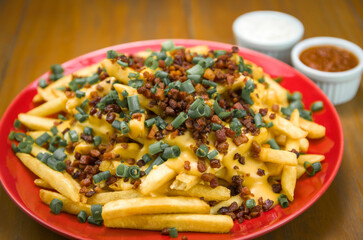 Tasty french fries, cheddar and bacon close-up