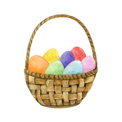 watercolor drawing of basket with easter eggs.
