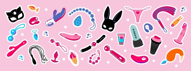 Collection of stickers of sex toys. Vector illustration. Sex shop. - obrazy, fototapety, plakaty