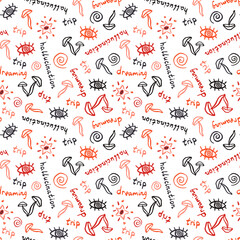 Dreaming psychedelic vector seamless pattern with mushrooms and eyes. Tattoo style. Hand drawn repeated background for fabric, textile, wallpaper, wrapping paper, cover. EPS 10