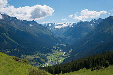 view from Gotschnaboden to Silvretta mountains, landscape near tourist resort Klosters, switzerland