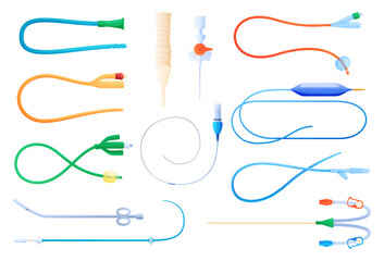 Medical catheter set vector flat illustration. Collection healthcare equipment with needle