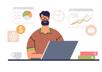 Bearded man with glasses at the computer. Businessman, marketer, working on laptop isolated on white background. The concept of the work of a manager, business analyst. Flat vector.