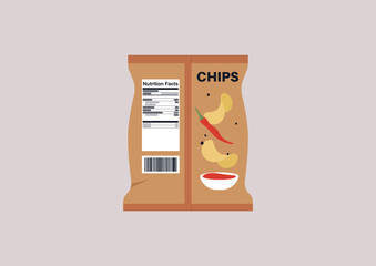 A plastic bag of spicy potato chips with a nutritional label on it, unhealthy snacks