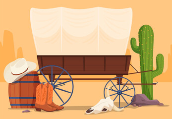 Wild West covered wooden wagon vector flat illustration. Traditional Western transportation - obrazy, fototapety, plakaty