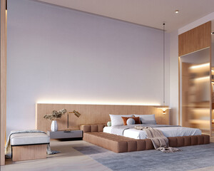 3d rendering,3d illustration, Interior Scene and  Mockup,Modern style bedroom with light wood decorations and white upholstered wooden daybeds.