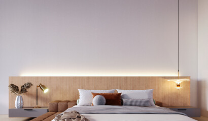 3d rendering,3d illustration, Interior Scene and  Mockup,Bedroom headboard, built-in, wooden material, two sides of the bed, gray on the left and right sides.