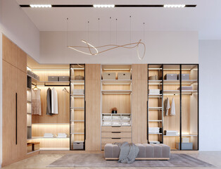 3d rendering,3d illustration, Interior Scene and  Mockup,Modern style walk-in closet, light-colored wood material, decorated with warm-white lights.