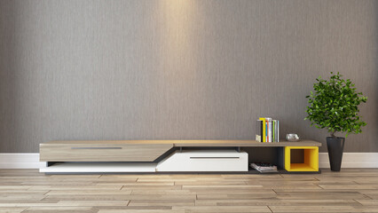 tv room with modern wooden tv unit design concept 3D rendering