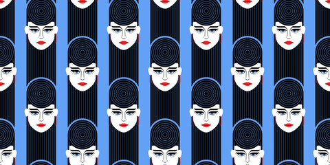 Beautiful face girl with retro fashion 80s makeup and abstract retro futuristic hairstyle seamless pattern