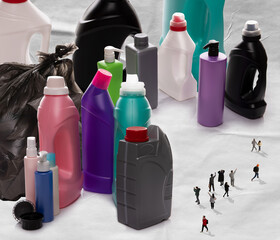Garbage-monster. Tiny men and women in city made of rubbish, plastic, household waste. Contemporary...