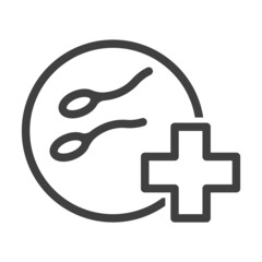 Sperm medical research icon. A simple line drawing of the study of the reproductive function of male spermatozoa. Vector over white background.