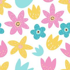 Spring flowers. Abstract hand drawn floral vector illustration. Seamless pattern of delicate flowers.