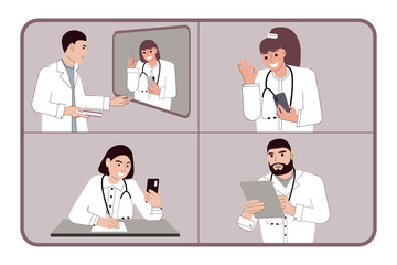 A group of general practitioners is holding an online meeting. The concept of physicians holding a conference remotely. Flat vector illustration on white background. For print, web design.