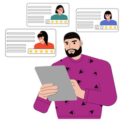 A man gives a five-star rating. A young male director grades his employees. Employee rating concept. Flat vector illustration on white background. For print, web design.