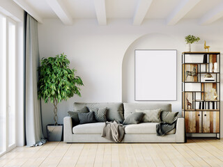 Modern beautiful interior of the room with light walls, large windows and stylish furniture. Bright design in Scandinavian style. 3D rendering