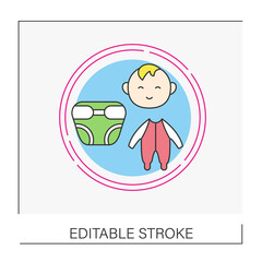  Newborn diapers concept line icon. High level leak protection diapers. Baby products. Vector isolated conception metaphor illustration.Editable stroke