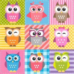 Patchwork background with colorful owls
