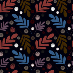 decorative pattern with leaves on dark blue background