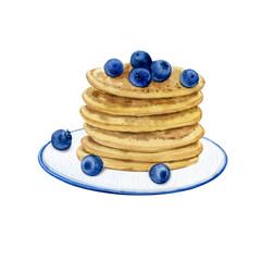 Watercolor illustration. Blueberry pancakes on a white plate with a blue border. Pancake Day.