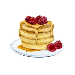 Watercolor illustration. Pancakes with honey and raspberries on a white plate. Pancake Day.