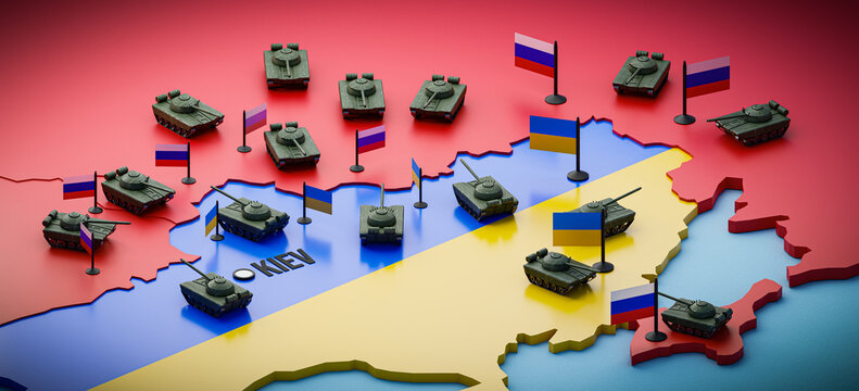 Escalation Of The Conflict On The Border Of Ukraine With Russia - Concept Of A 3d Map With Tanks Deployed On Both Sides Of The Conflict - 3D Render