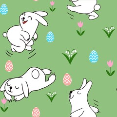 seamless pattern with bunnies, easter eggs and flowers on a green background