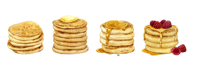 Watercolor clip art. Pancakes with different types of topping. Honey, raspberries, butter. Pancake Day.