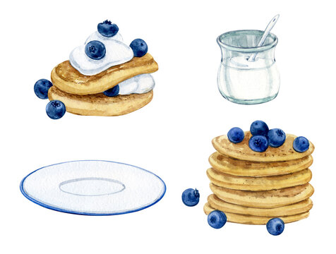 Watercolor clip art. Pancakes with blueberries and sour cream. Pancakes, plate, sour cream in a saucepan, blueberries. Pancake Day.