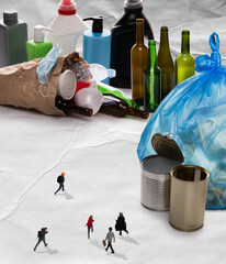 Tiny people live in city made of garbage, plastic, household waste. Contemporary art collage,...