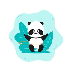 Panda and sport concept. Cute panda playing hula hoop in flat style. Vector cartoon character of panda.