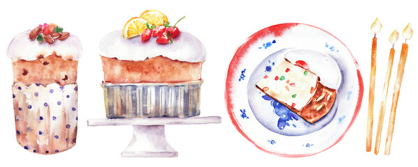 Hand drawn watercolor easter cakes and candles