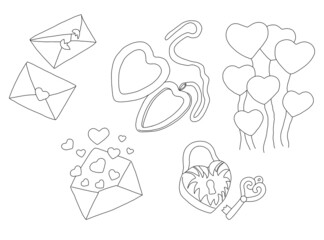 Two paper envelopes, open medallion, seven heart-shaped balloons, paper envelope, lock and key. Outline on a white background cartoon hand drawn illustration