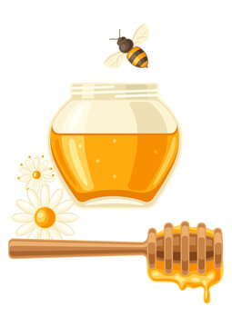 Illustration of honey jar with stick. Image for food and agricultural industry.