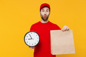 Professional delivery boy employee man 20s in red cap T-shirt uniform workwear work as dealer...