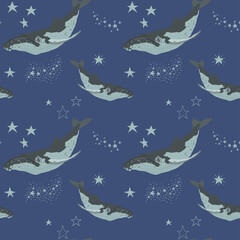 Modern vector seamless pattern with whales and stars on blue background. Beautiful onamental animal print, fairytale fantasy illustration