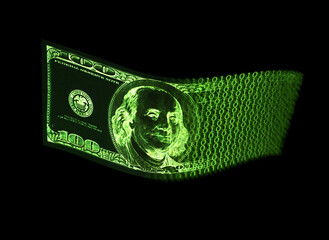 Digital currency is the future. Shot of a digitally engineered one hundred dollar bill against a black background.