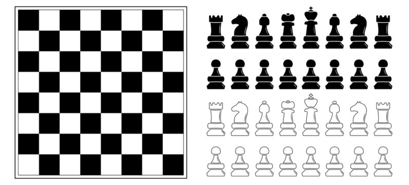 Chess board, chess pieces icon set on white background. Strategy game concept check background. Business competition, knowledge, logical thinking concept vector design. 