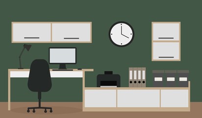 Home office Flat design with white and wooden Furniture .Minimalism room Interior illustration. Green background.